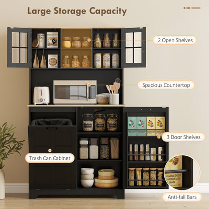 Kitchen Pantry Cabinet with Charging Station, 7 Gallon Trash Can Cabinet, Adjustable Shelves and Acrylic Doors, Black