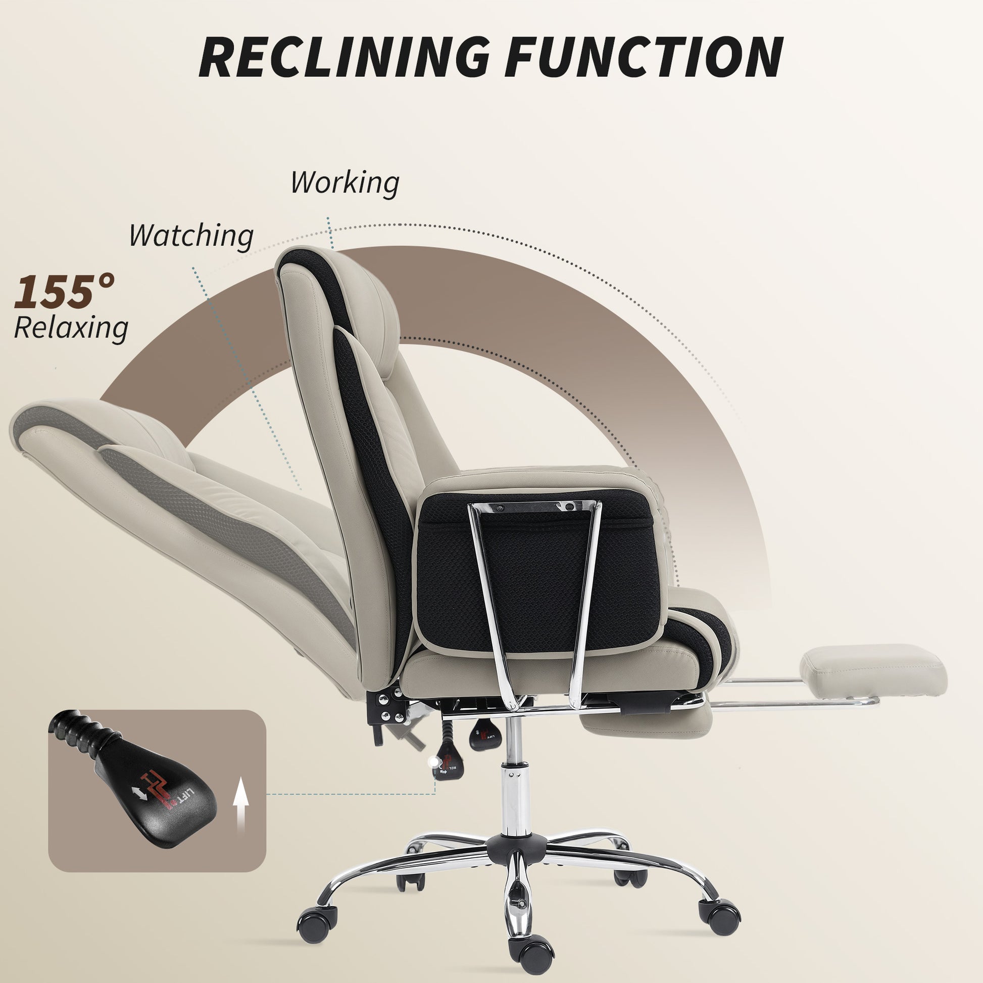Reclining Office Chair, Overstuffed Executive Desk Chair with High Back, PU Leather, Footrest, Swivel Wheels, Grey