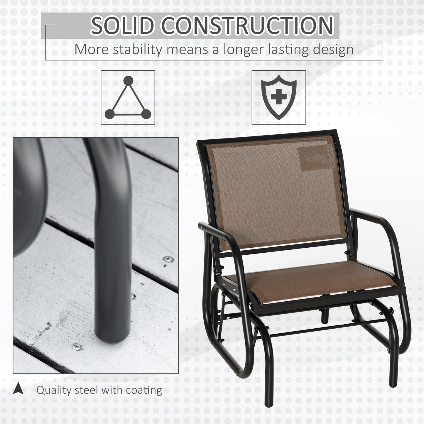 Patio Glider Outdoor Glider Chair with Breathable Mesh Seat & Backrest, Armrests and Metal Frame, Brown