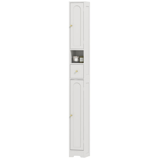 Tall Bathroom Cabinet, Modern Slim Bathroom Storage with Arched Doors, Drawer and Open Shelf, Narrow Storage, White