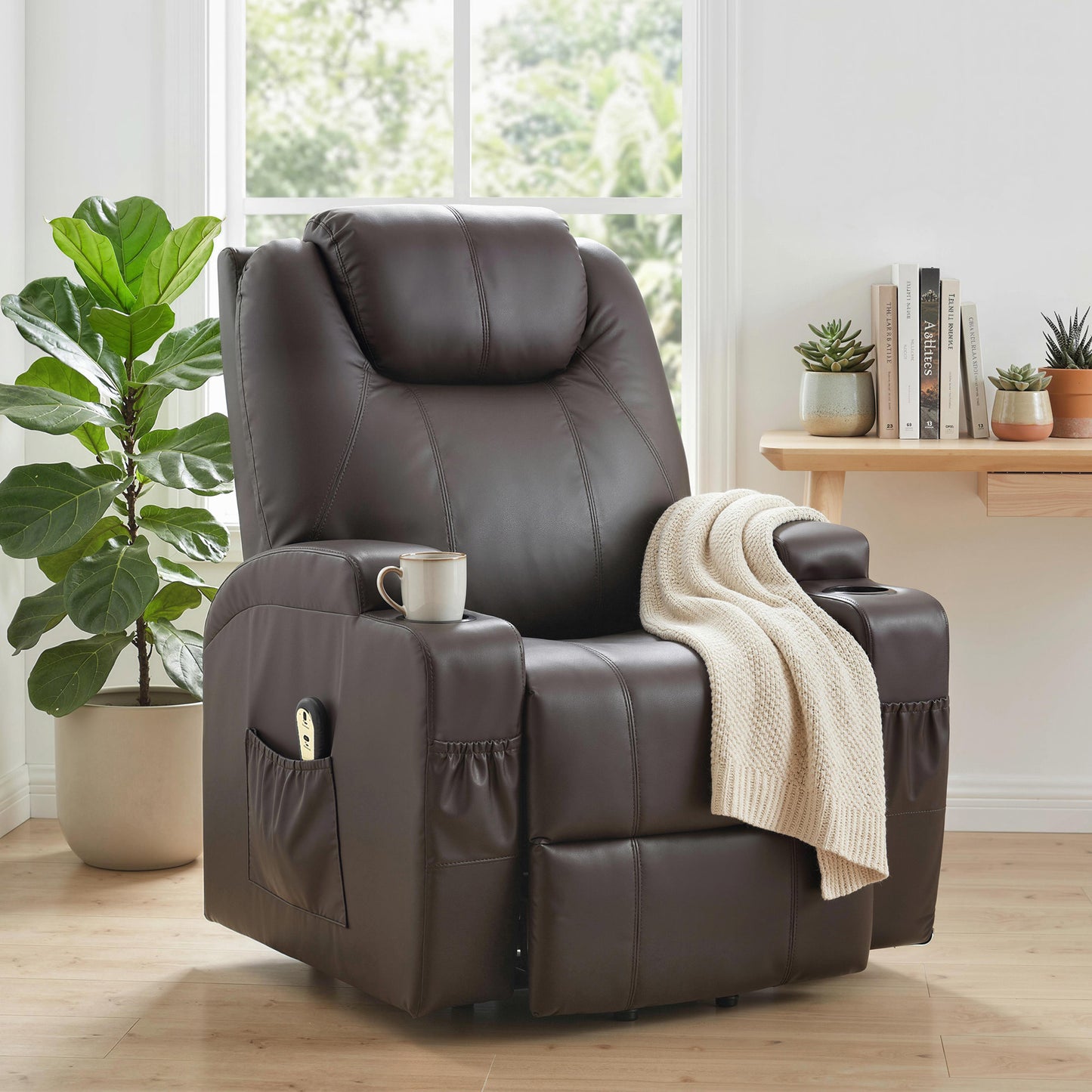 Power Lift Recliner Chair for Elderly, PU Leather Lift Chair with Thick and High Back, Footrest, Remote, Side Pockets, C