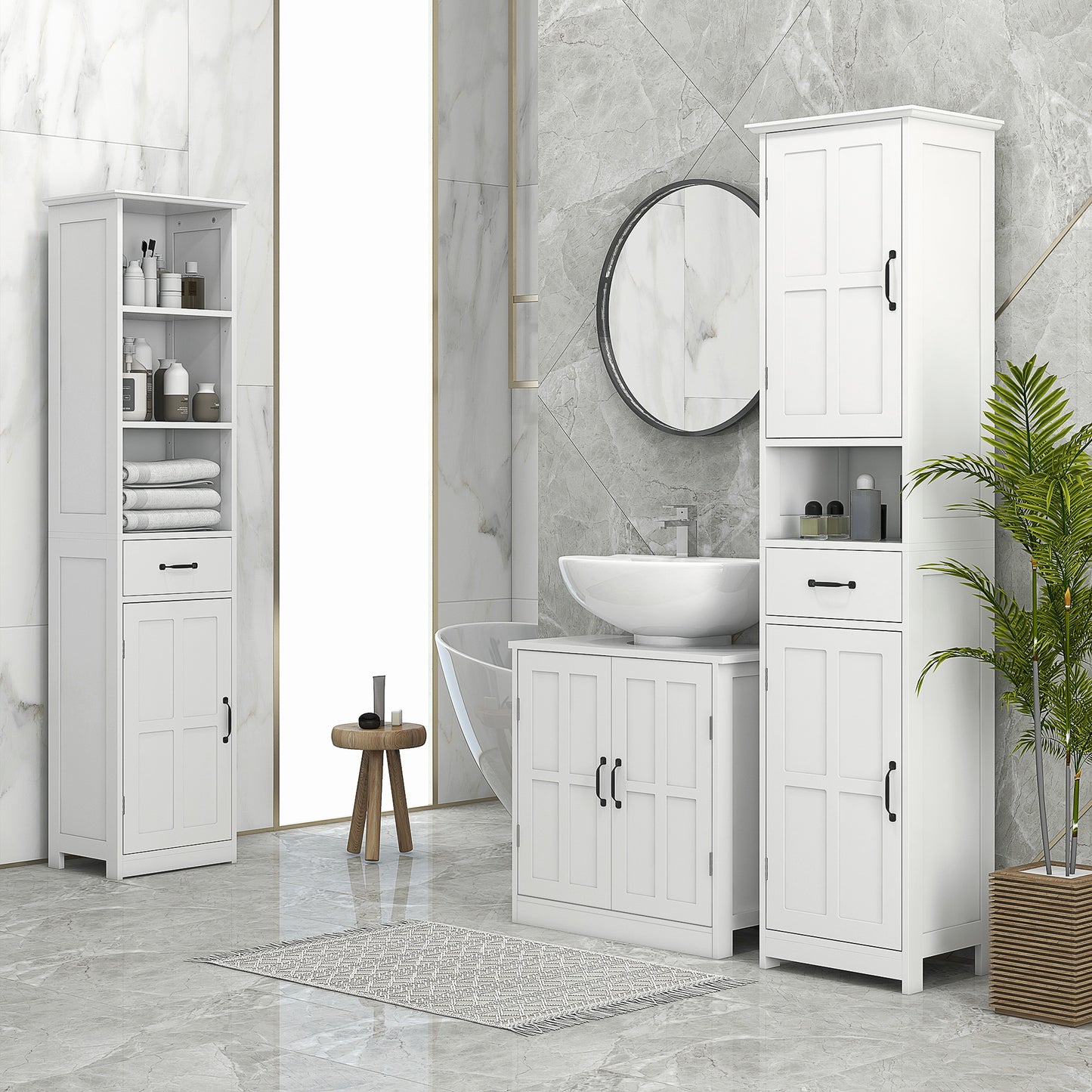 Pedestal Under Sink Cabinet, Bathroom Vanity Cabinet Storage with Double Doors and Adjustable Shelf, White