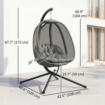 Hanging Egg Chair, Outdoor Indoor Swing Chair with Stand, Folding Basket and Thickened Cushion, Grey