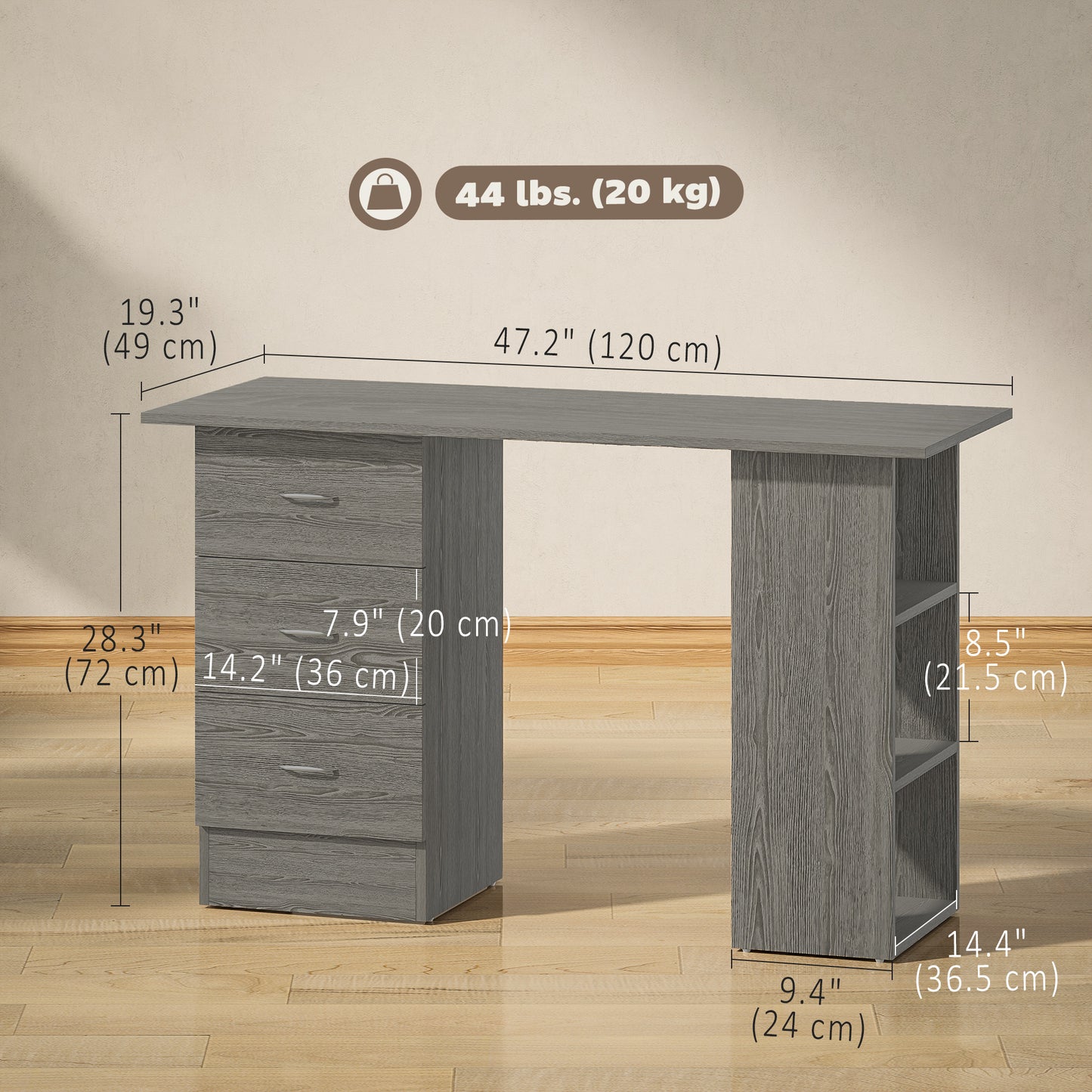 Computer Desk, 47" Writing Table with 3-Tier Shelves and 3 Reversible Drawers for Home Office, Bedroom, Grey