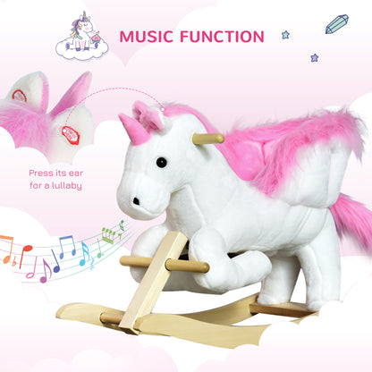 Qaba Baby Rocking Horse, Plush Animal Rocker for Toddlers Aged 18-36 Months, Stuffed Ride Toy with Sounds, Seat Belt, Wh
