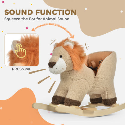 Qaba Baby Rocking Horse Lion Design Plush Stuffed Rocking Chair, Wooden Rocking Horse with Sound, Seat Belt for Boys and