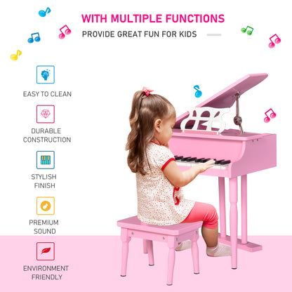 Modern Kids Piano, 30 Keys, Set of 2, Mini Toy for Child, Grand Piano with Music Stand and Bench, Ideal Gift, Pink