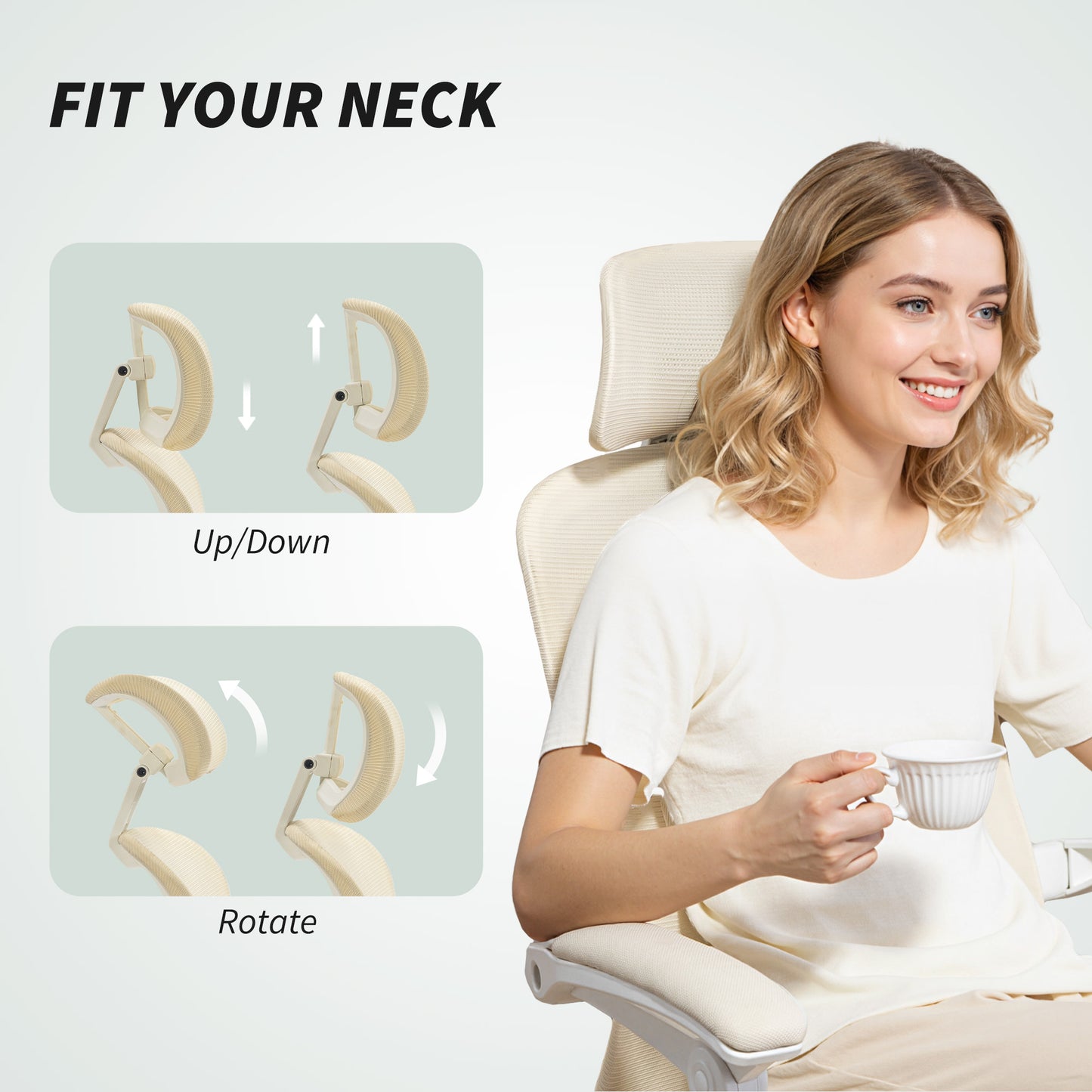 Ergonomic Office Chair, Mesh Reclining Desk Chair with Adjustable Lumbar Support, Headrest, Beige