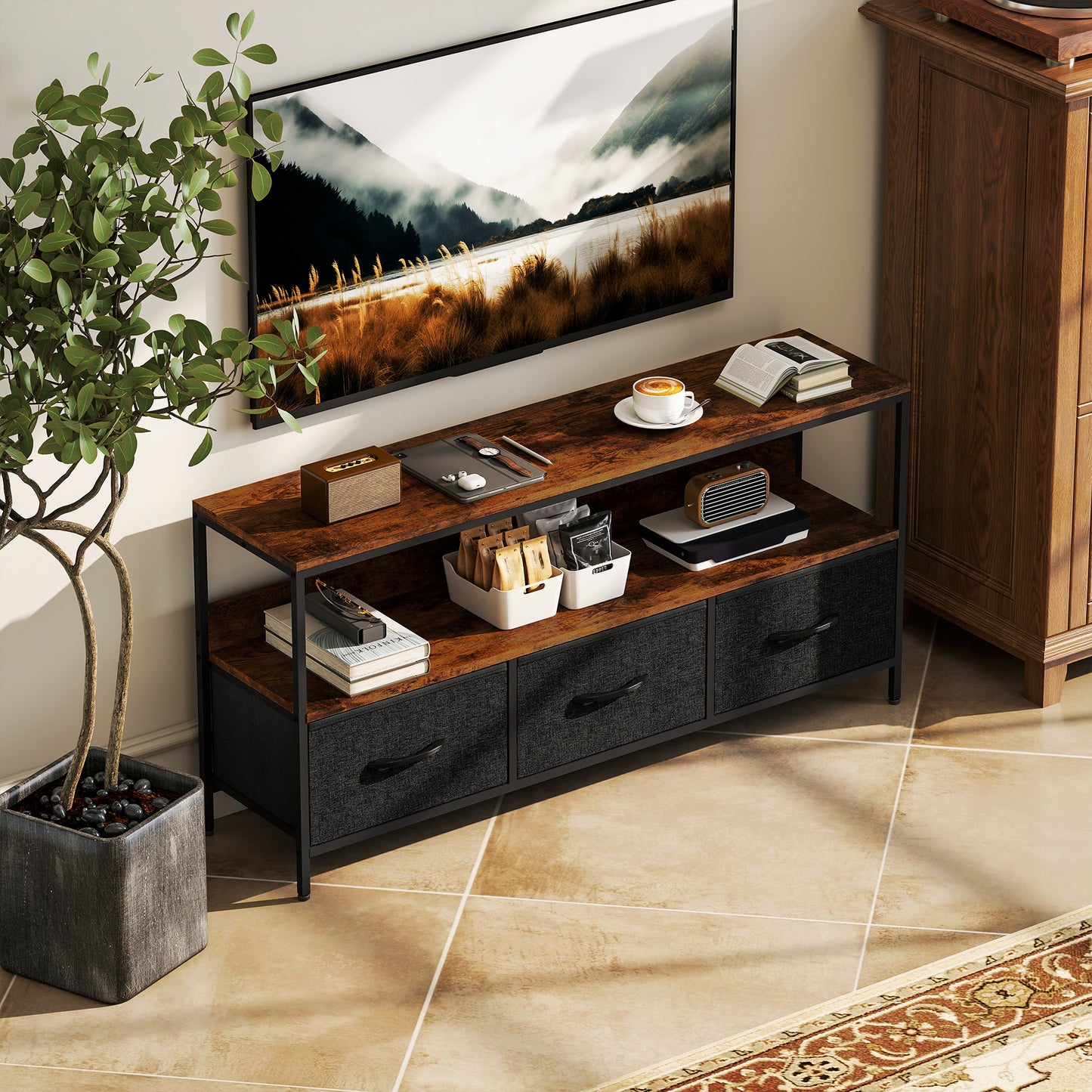 TV Stand with Charging Station, TV Table with 3 Foldable Linen Drawers and Open Shelf for 55 Inch Television, Rustic Bro