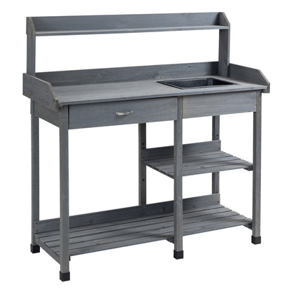 Potting Bench Table Garden Work Bench Workstation with Drawer, Removable Sink, Storage Shelves and Hooks for Patio, Cour