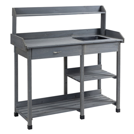 Potting Bench Table Garden Work Bench Workstation with Drawer, Removable Sink, Storage Shelves and Hooks for Patio, Cour