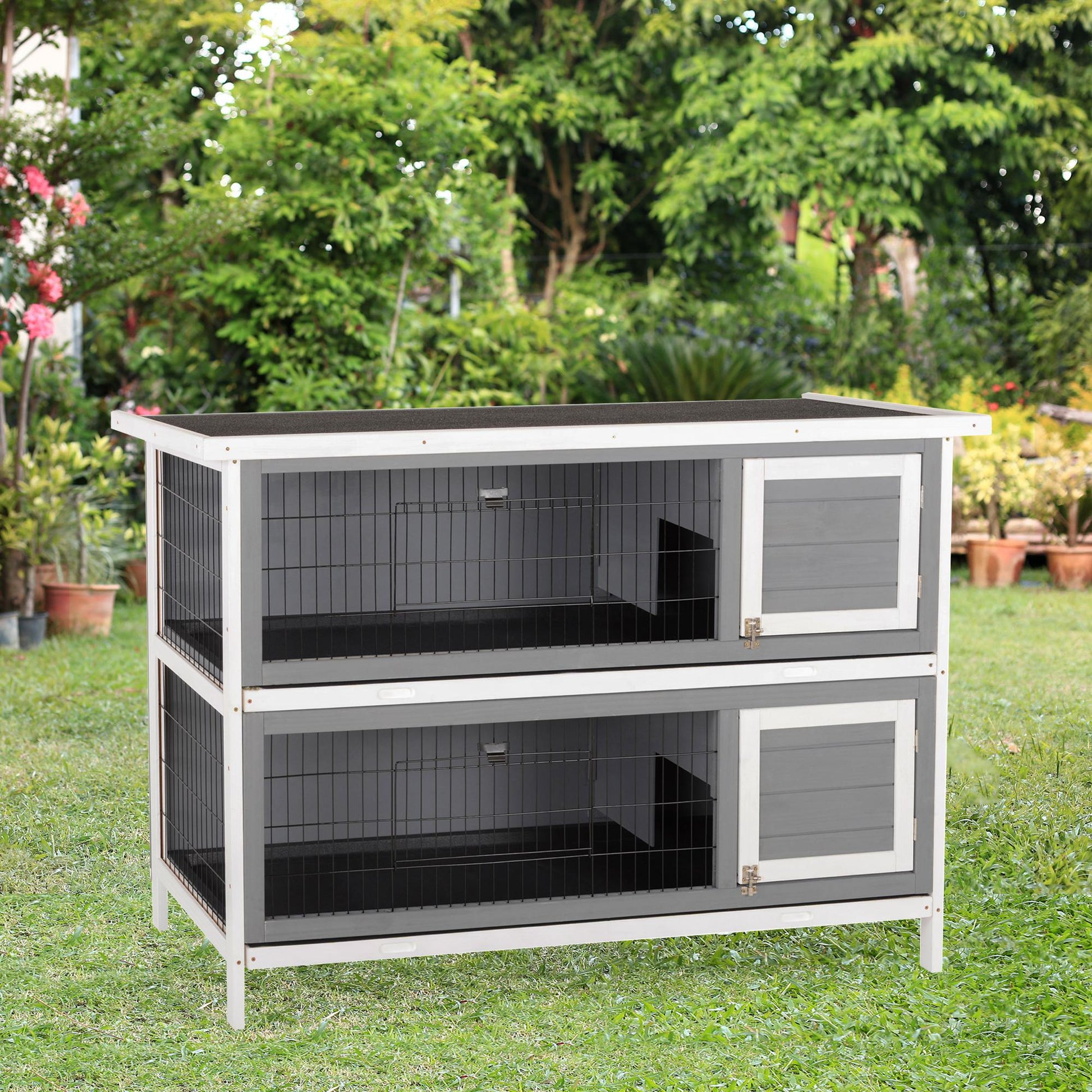 2 Tier Wooden Rabbit Hutch Bunny Pet House Wooden Coop Run, Grey