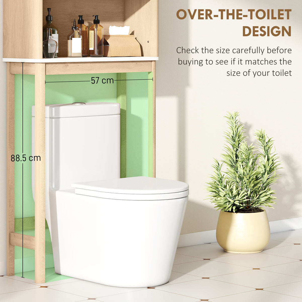 Over The Toilet Storage Cabinet with Adjustable Shelf, Open Shelf and Adjustable Bottom Bar, Oak