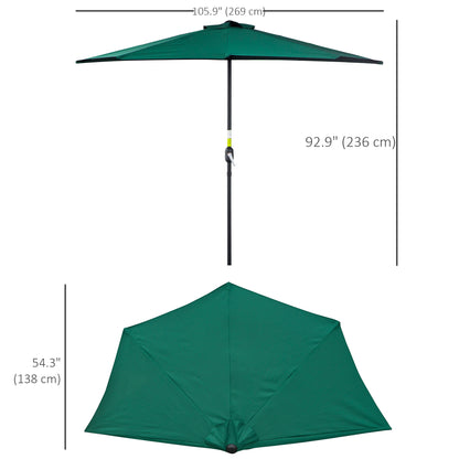 9ft Half Round Patio Umbrella, Outdoor Market Patio Table Umbrella Parasol with Crank Mechanism, 5 Ribs, Dark Green