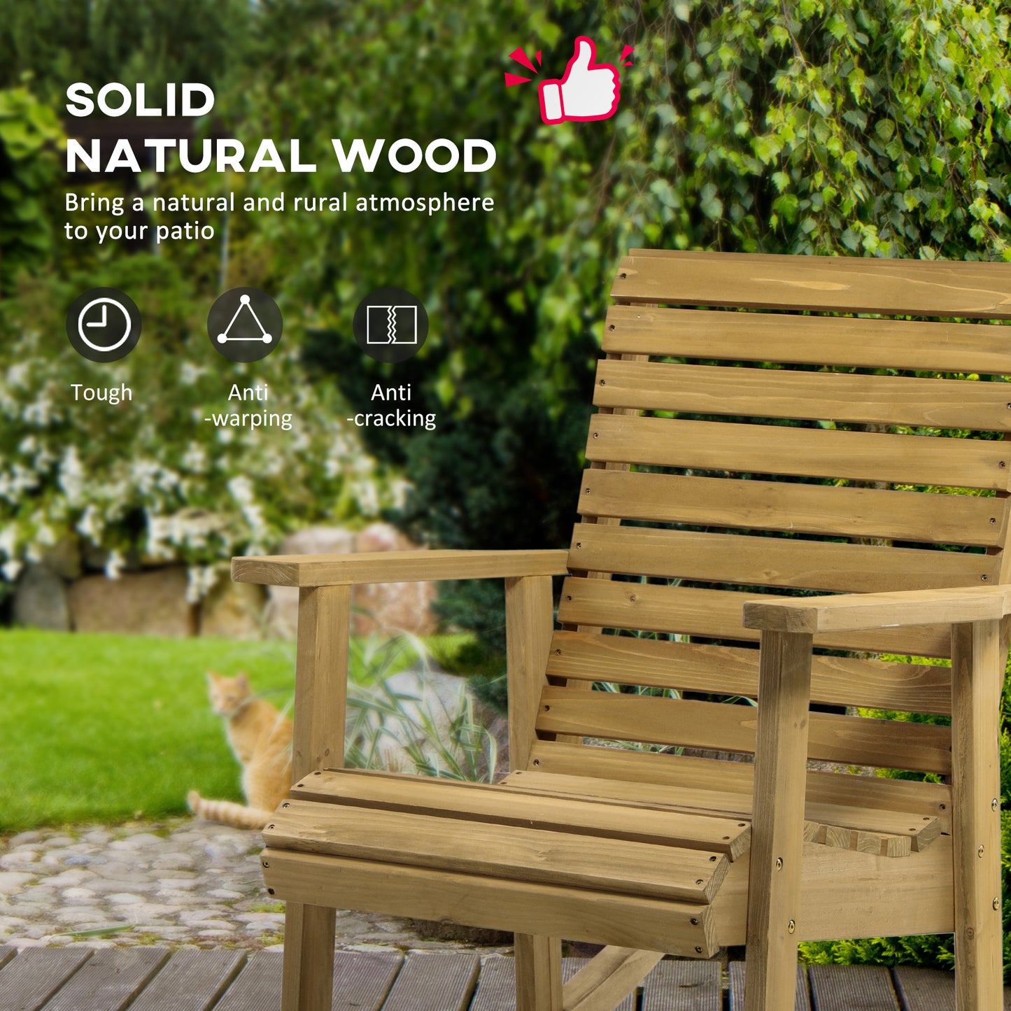 Wooden Outdoor Rocking Chair, Patio Traditional Rocking Chair, Slatted Structure Porch Rocker w/ Armrest for Both Outdoo