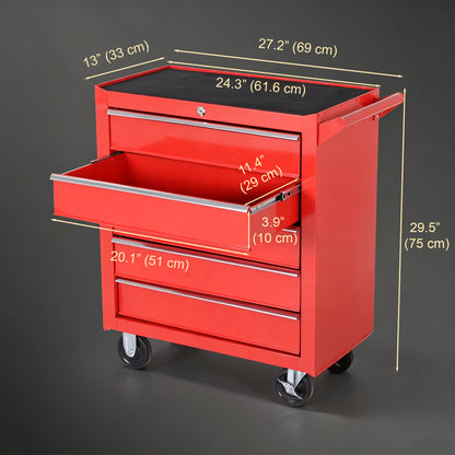 5 Drawer Roller Tool Chest, Mobile Lockable Toolbox, Storage Organizer with Handle for Workshop Mechanics Garage, Red