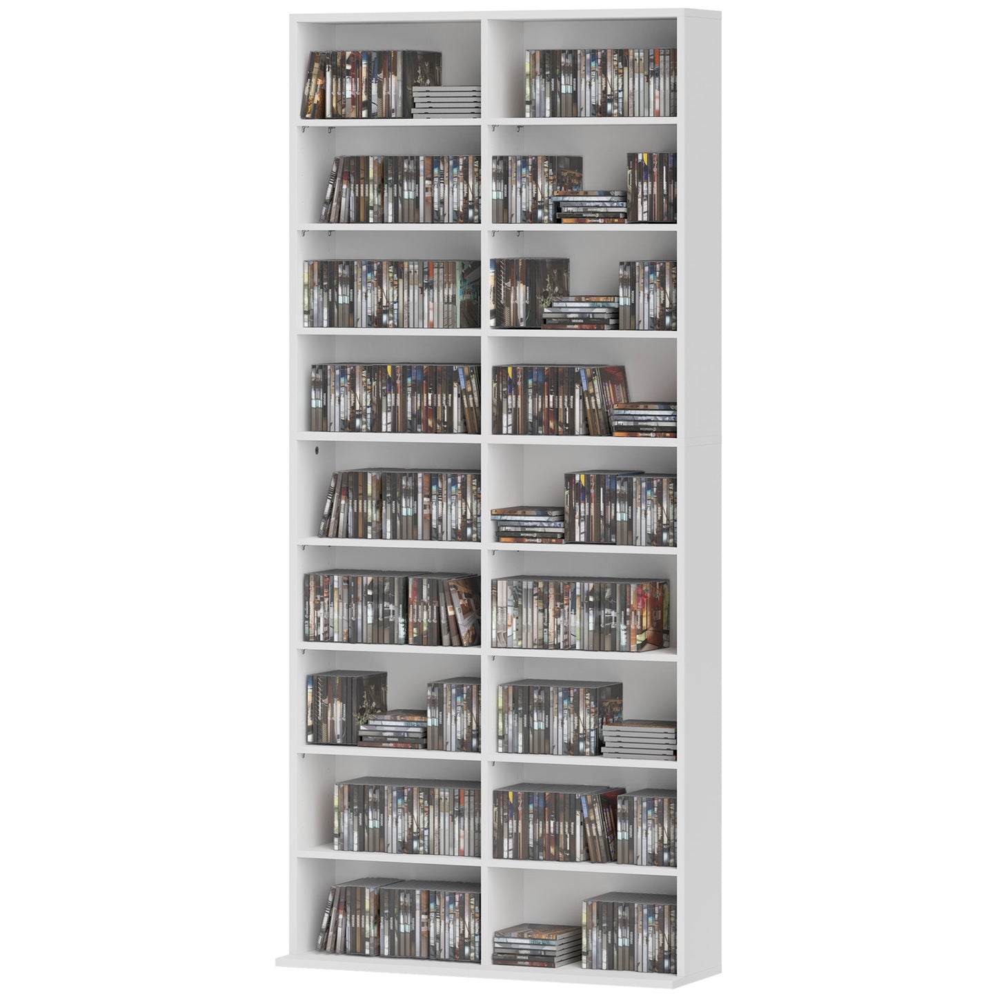 9-Tier DVD Shelf with 18 Compartments and 14 Adjustable Shelves, Holds 640 CDs, 360 DVDs or 430 Blu-rays, White