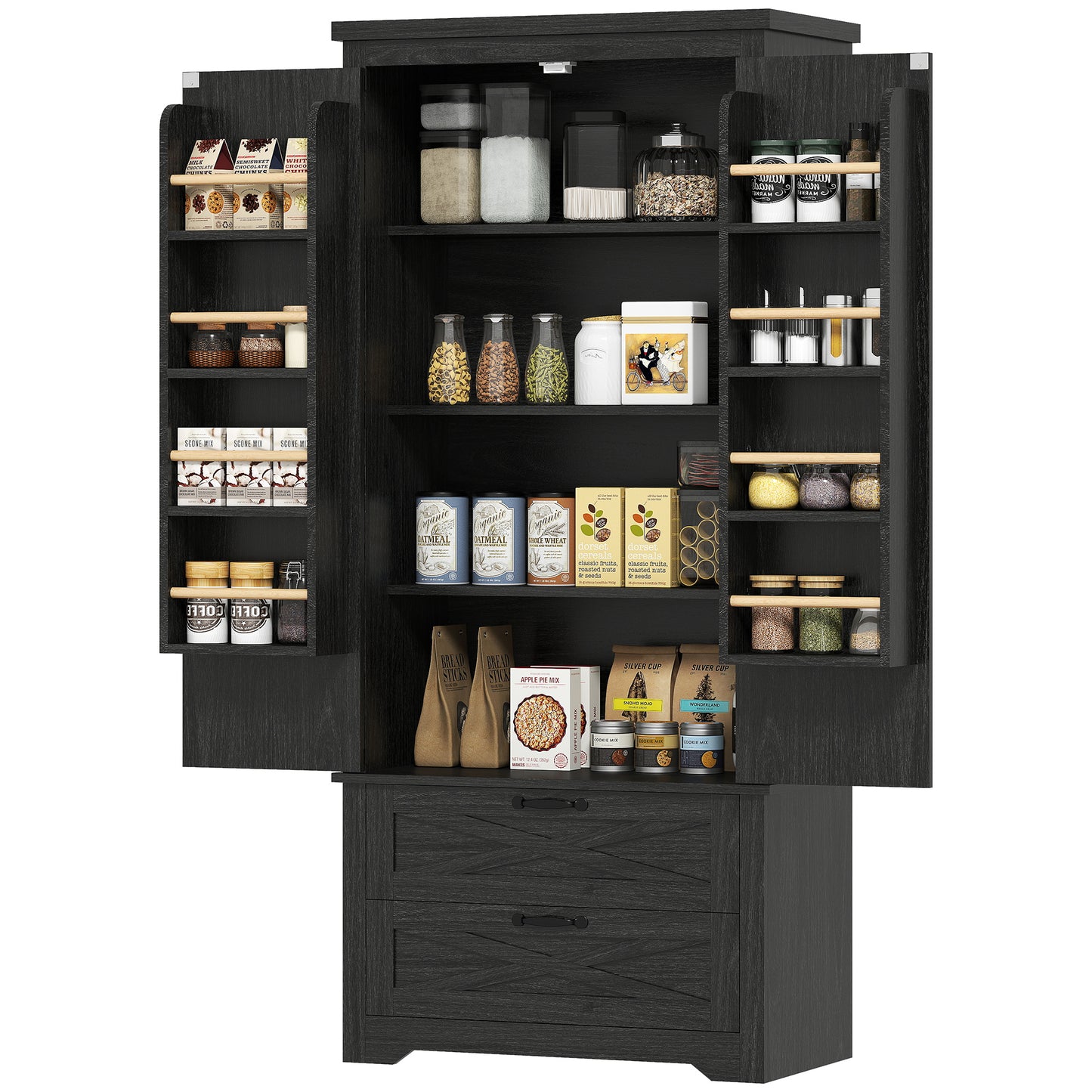 Farmhouse Kitchen Pantry Storage Cabinet, 64" Freestanding Kitchen Pantry Cabinet with Drawers, Distressed Black