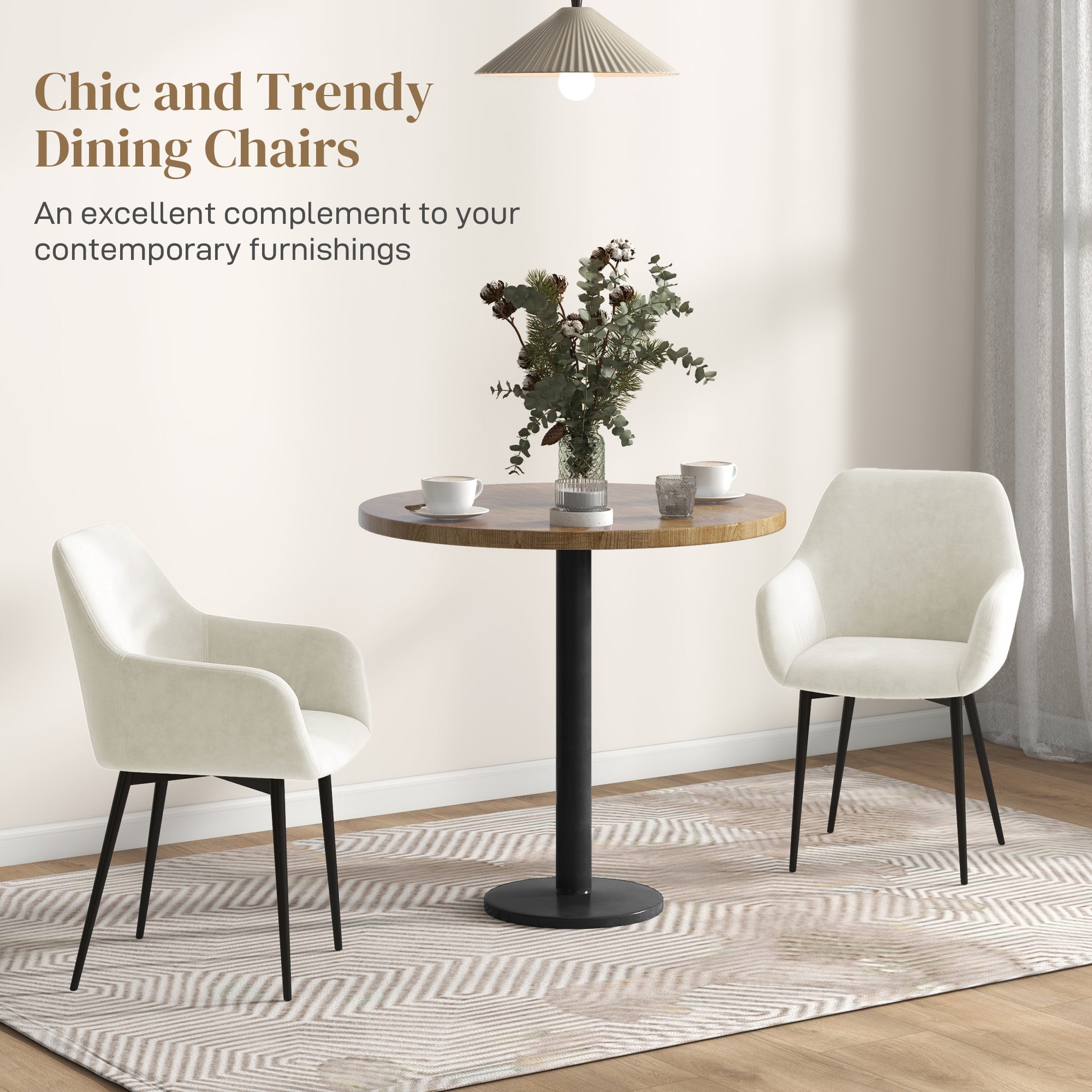 Dining Chairs Set of 2, Velvet-look Fabric Upholstered Kitchen Chairs with Backrest, Armrests and Steel Legs, Cream Whit