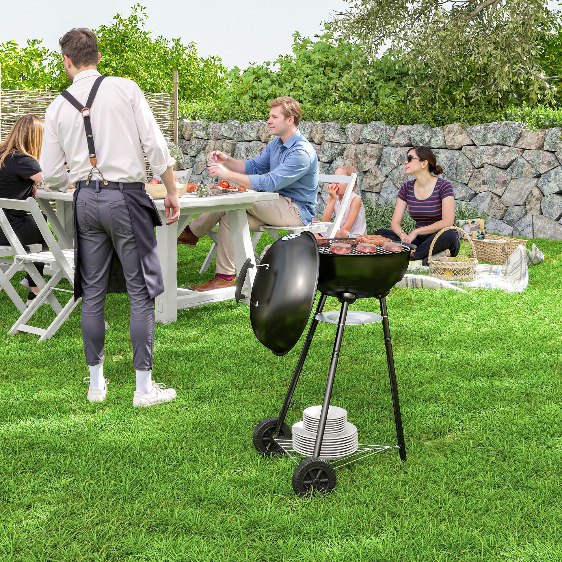 17" Kettle Charcoal BBQ Grill with BBQ Accessories, Barbecue Grill with Shelf, Ash Catcher, Wheels, Handles for Outdoor 