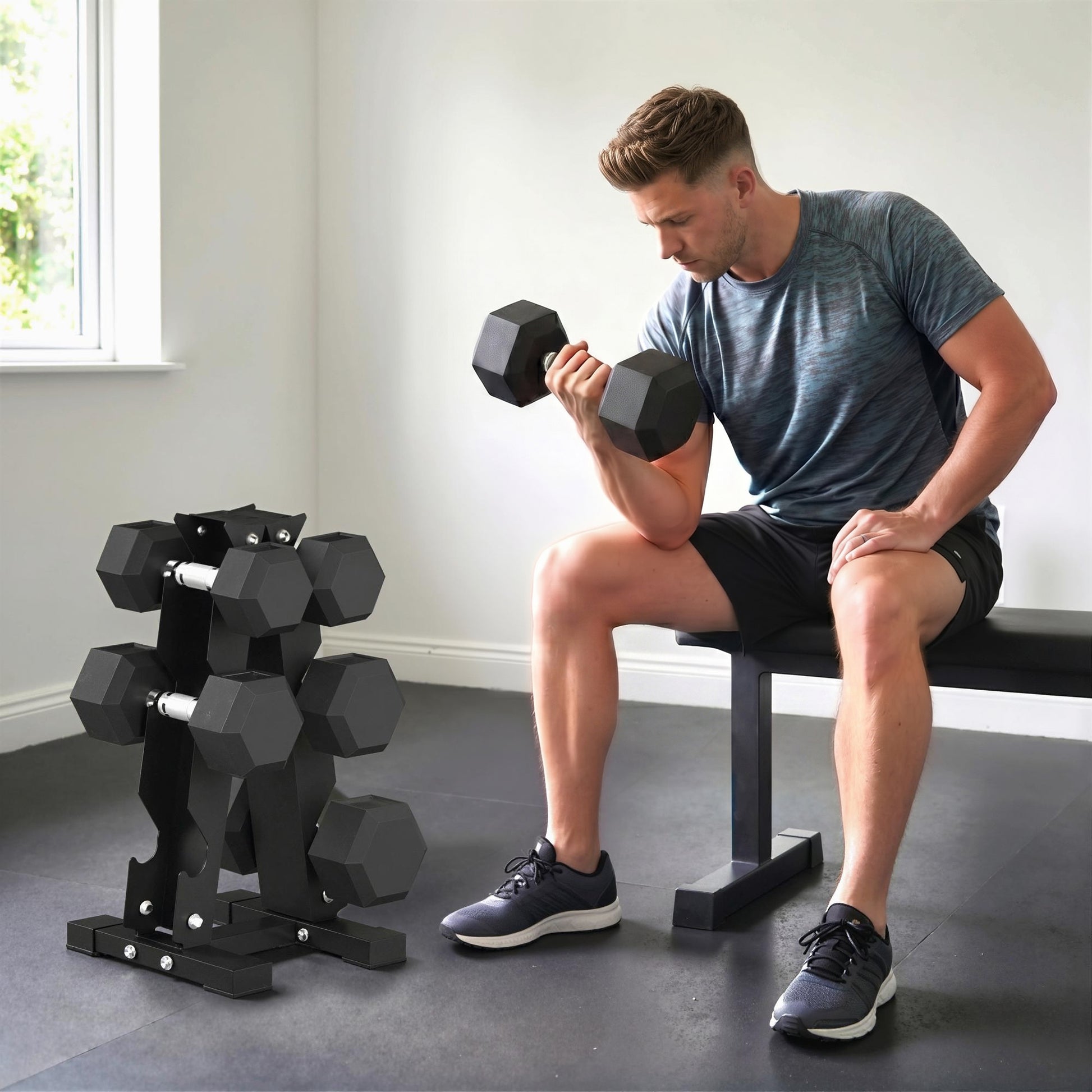 Soozier Hex Dumbbell Weight Set with Vertical Rack, 120lbs Rubber-Coated Dumbbells with Non-Slip Handles