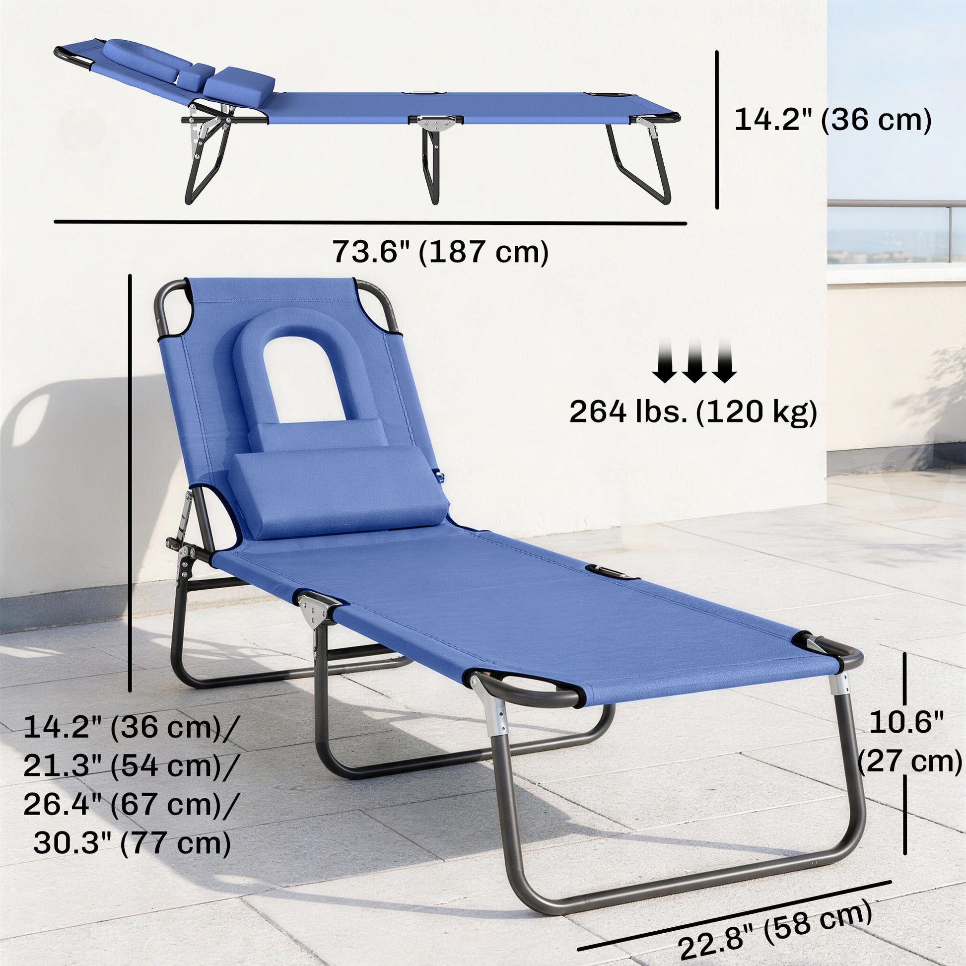 Folding Chaise Lounge Chair, Reclining Beach Tanning Chair with Face Hole, Pillow, 4-Position Adjustable Lay Flat Sun Lo