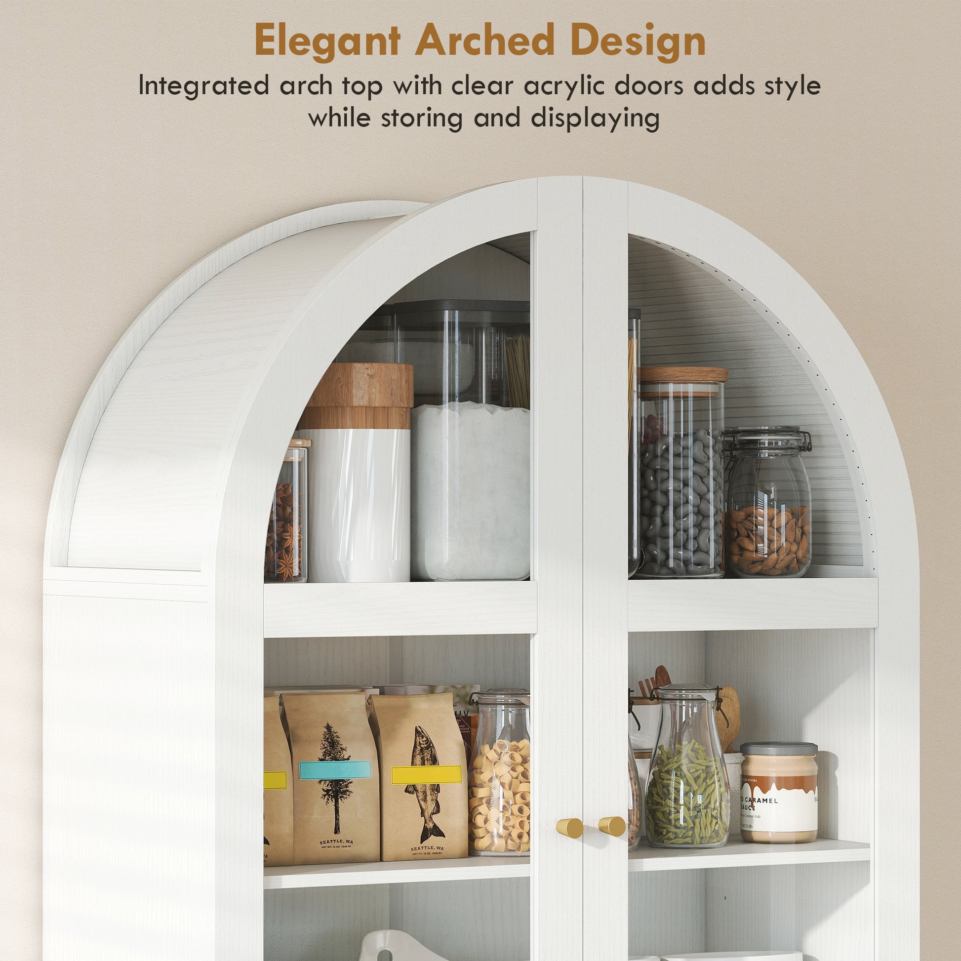 Arched Kitchen Pantry Cabinet, 71" Tall Farmhouse Kitchen Storage Cabinet with 2 Drawers, Acrylic Glass Doors, White