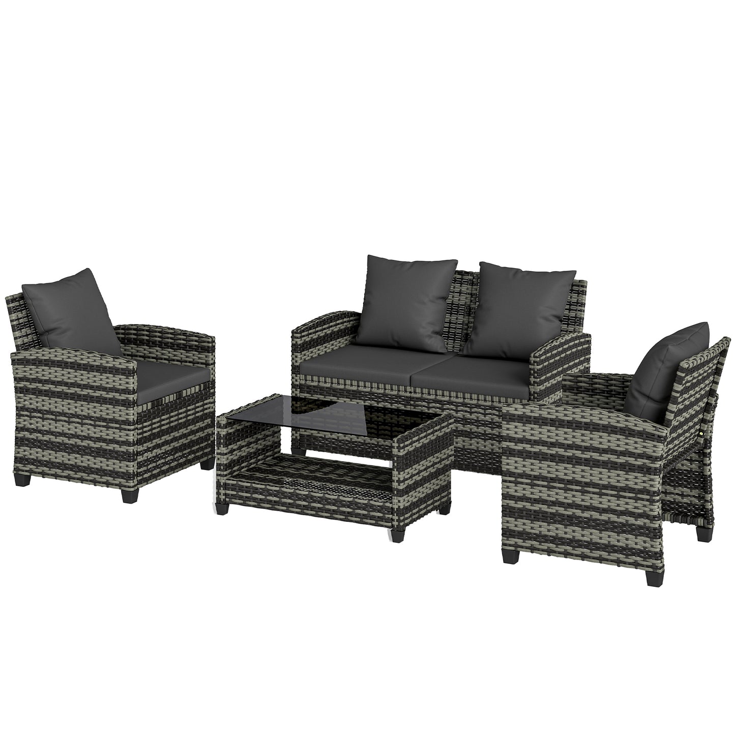 4-Piece Outdoor Wicker Patio Furniture Conversation Set, Includes Loveseat, Chairs and 2-Tier Table with Cushions, Moder