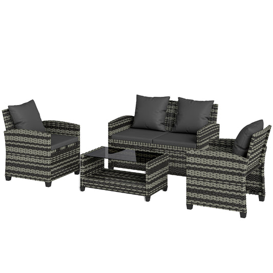 4-Piece Outdoor Wicker Patio Furniture Conversation Set, Includes Loveseat, Chairs and 2-Tier Table with Cushions, Moder