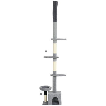 Floor to Ceiling Cat Tree, 4 Tiers Tall Kitty Climbing Tower with Scratching Post, Adjustable Height 87-100"