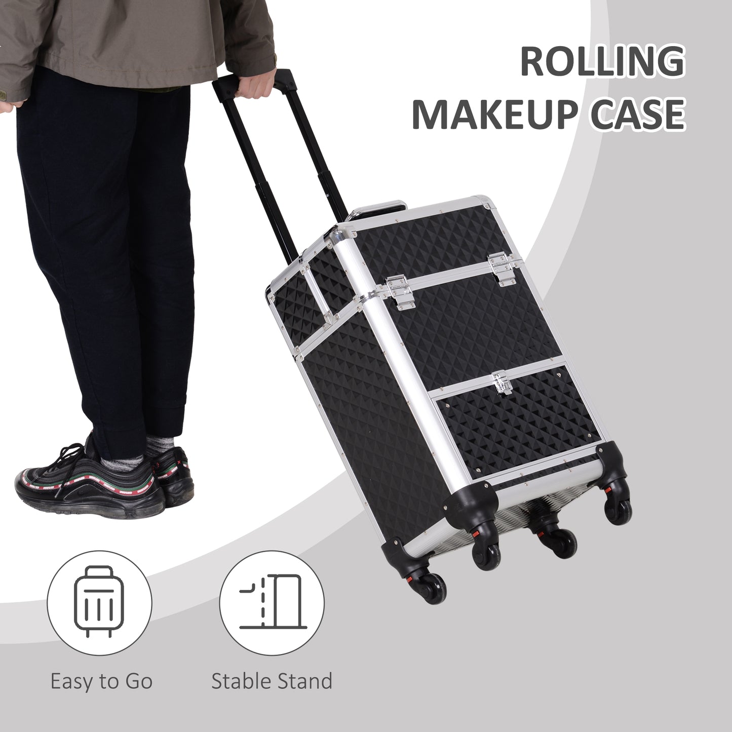Portable Aluminum Makeup Train Cases, Rolling Makeup Case, Salon Beauty Cosmetic Jewelry Organizer Trolley with 4 Wheels