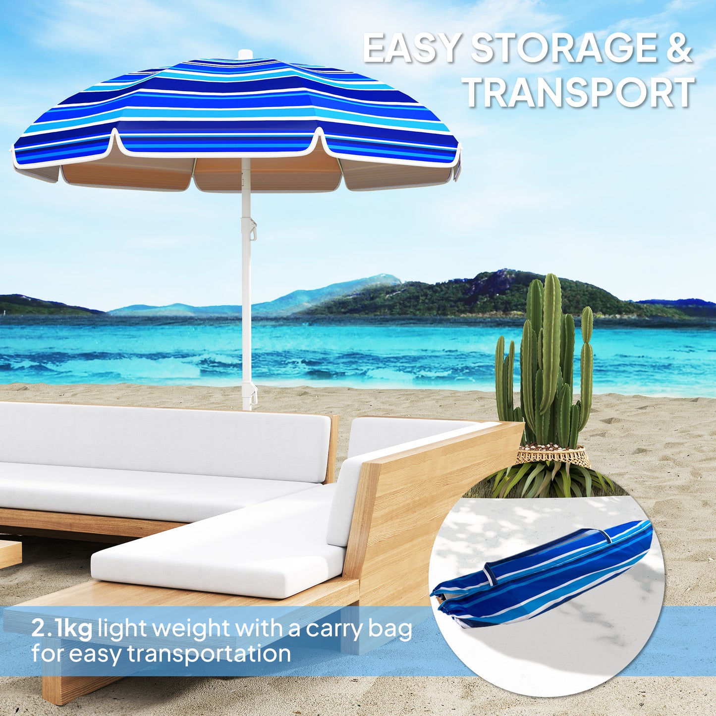 70.9" Dia. Portable Beach Umbrella, UV 50+ Ruffled Outdoor Umbrella with Adjustable Tilt Multicolor