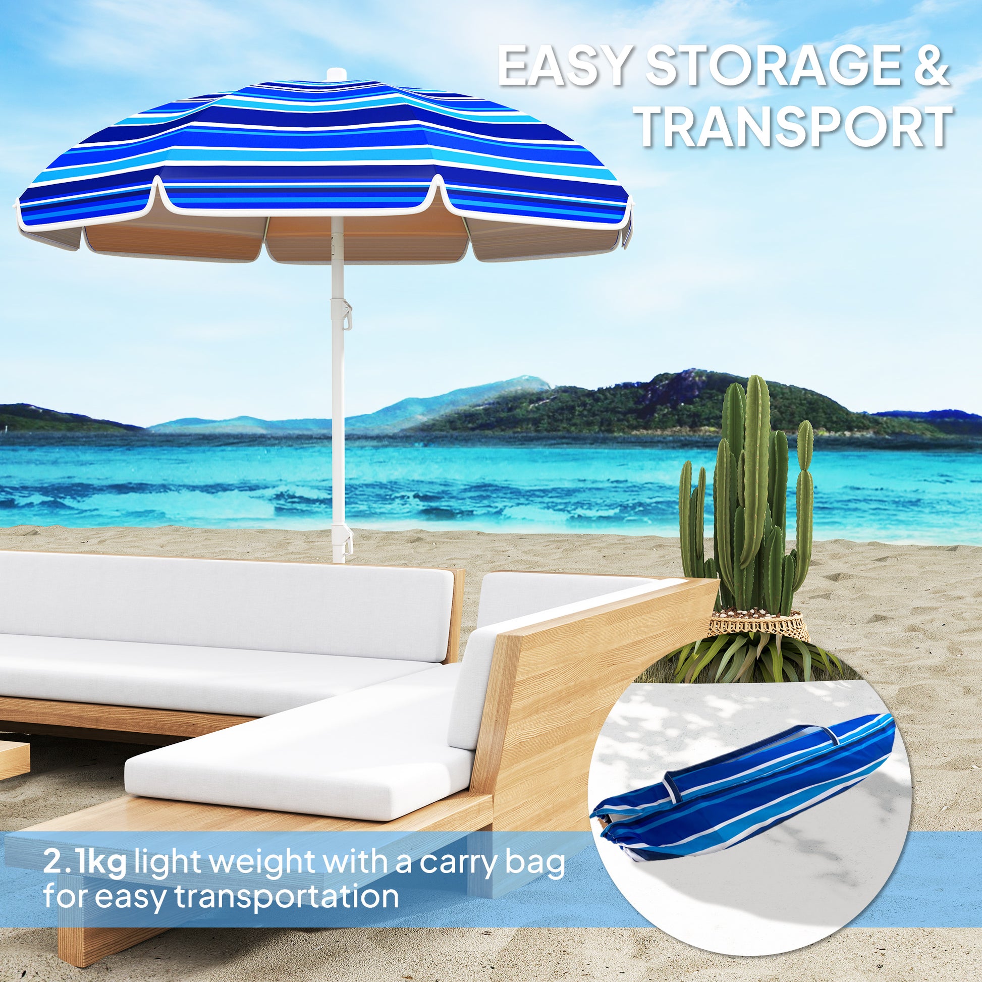 70.9" Dia. Portable Beach Umbrella, UV 50+ Ruffled Outdoor Umbrella with Adjustable Tilt Multicolor