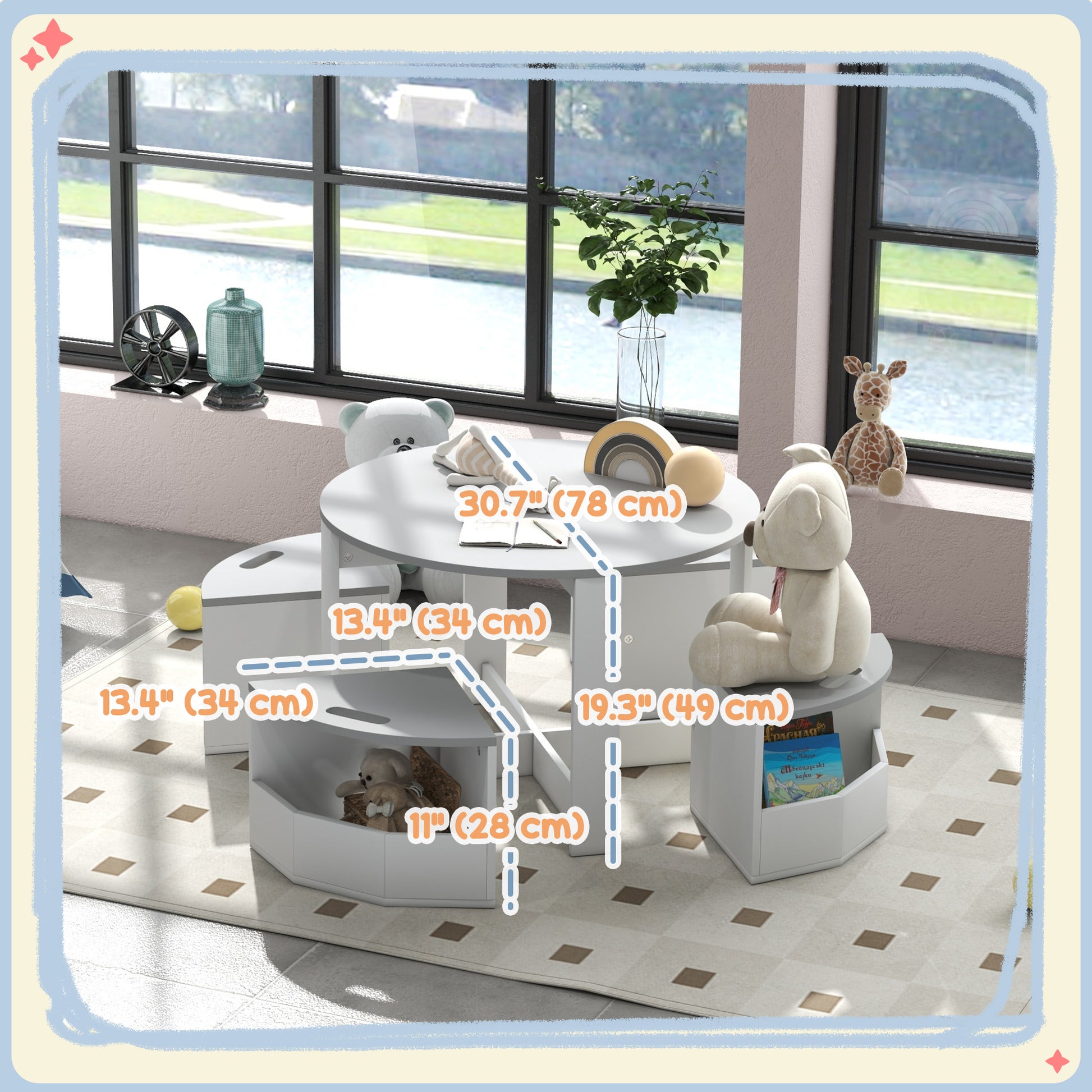 Qaba 5 Piece Kids Table and Chair Set with Storage for Kids Room, Grey