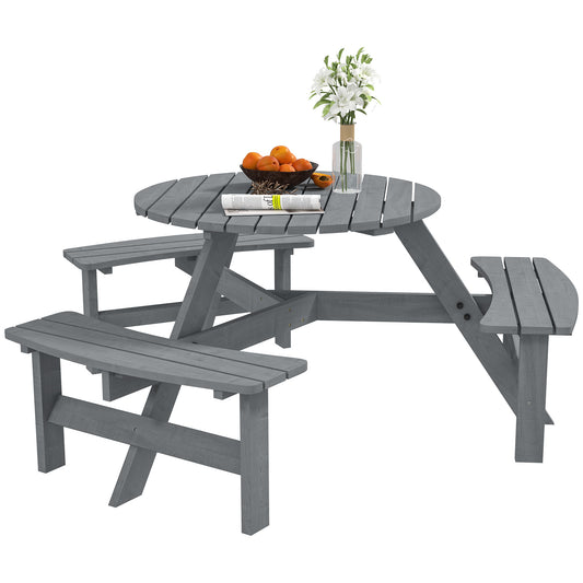 6 Person Round Picnic Table Bench Set with Umbrella Hole, Wood Patio Table with 3 Built-in Benches for Garden, Deck, Bac
