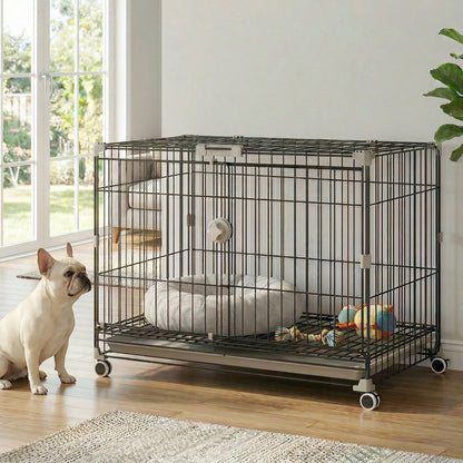 Dog Crate, 30 Inch Metal Dog Cage with Removable Tray, Lockable Wheels, 2 Doors for Small Medium Breeds, Black