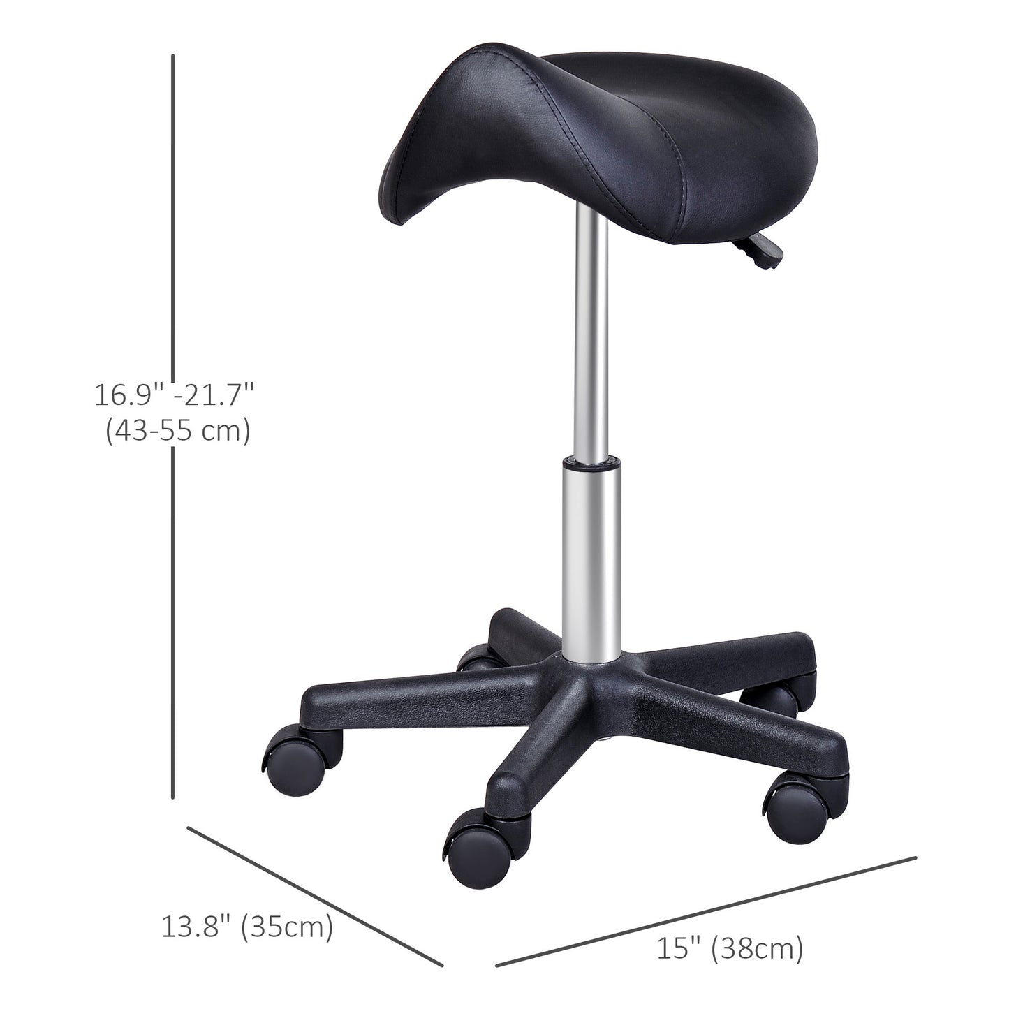 Saddle Stool, PU Leather Rolling Stool with Wheels, Adjustable Salon Chair for Kitchen, Salon Spa, Bar, Home Office, Mas