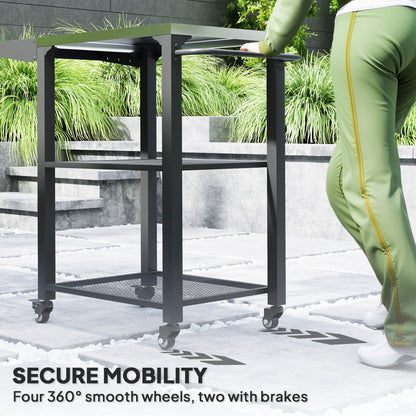 Outdoor Grill Cart w/ Foldable Side Table, 3-Tier Pizza Oven Stand w/ Stainless Steel Tabletop, Hooks, Wheels
