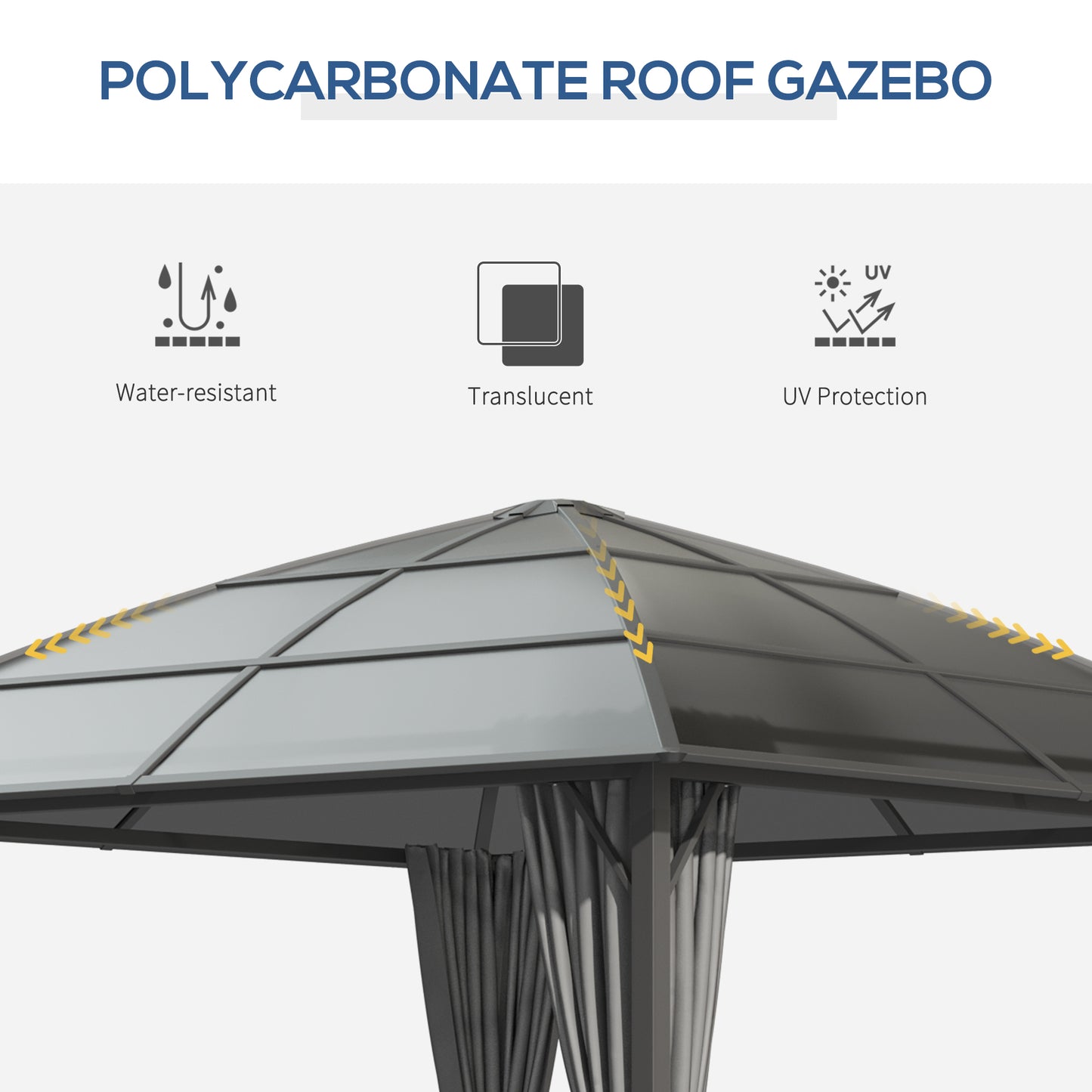 10' x 10' Hardtop Gazebo, Outdoor Gazebo Canopy with UV60+ Polycarbonate Roof, Curtains, Central Hook and Steel Frame fo