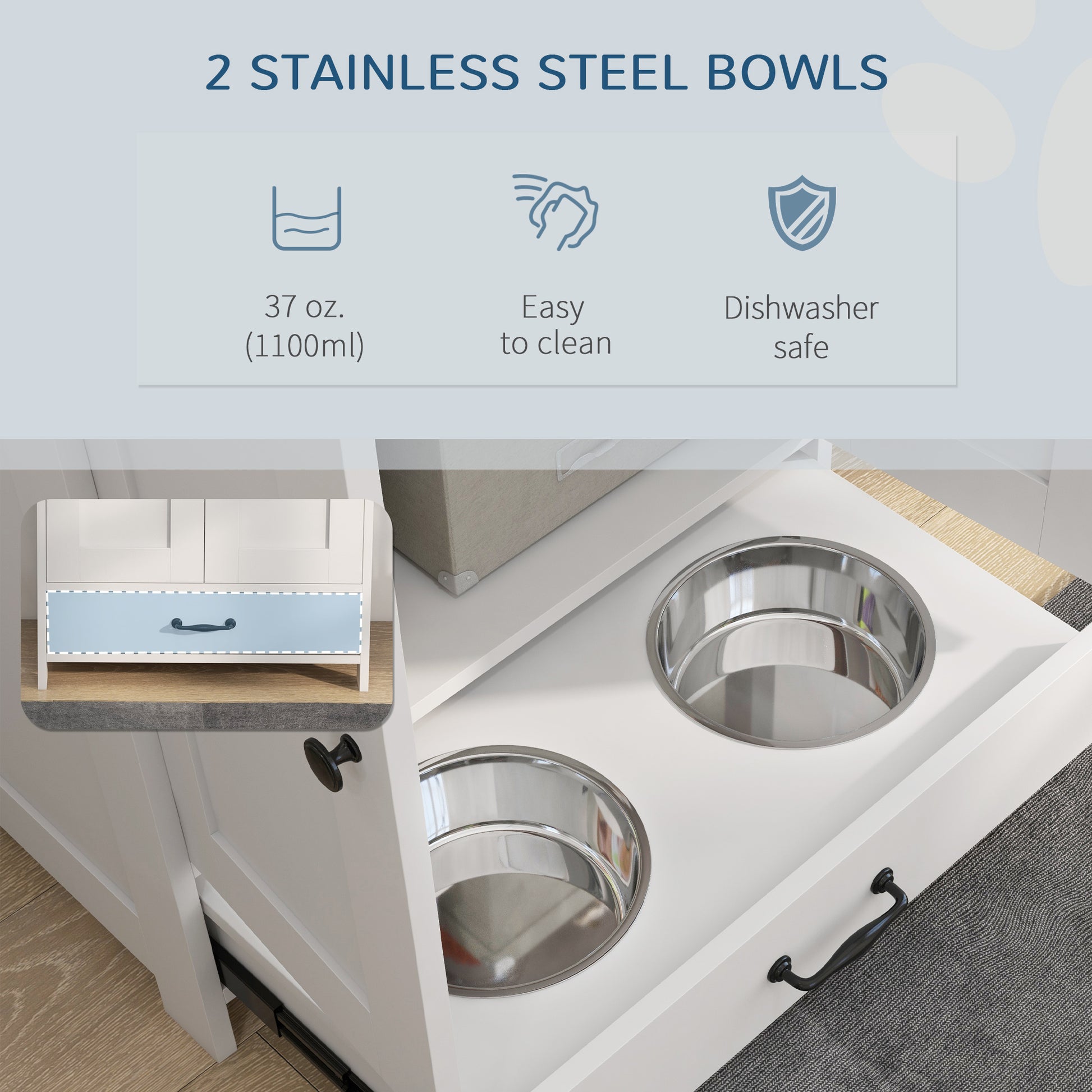 Pet Food Storage Container Dog Feeding Station w/ Adjustable Panel, Hooks, for Medium Sized Dogs, White
