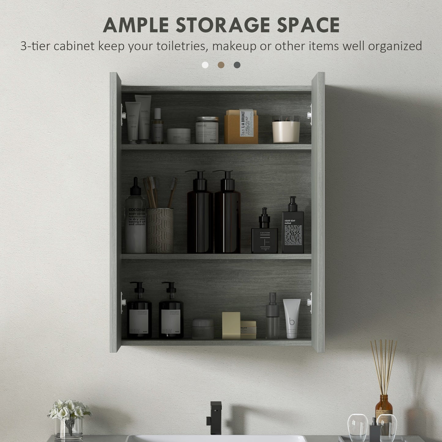 Wall Mount Mirrored Medicine Cabinet, Bathroom Mirror Cabinet with Adjustable Shelf, Double Soft Closing Doors, Grey