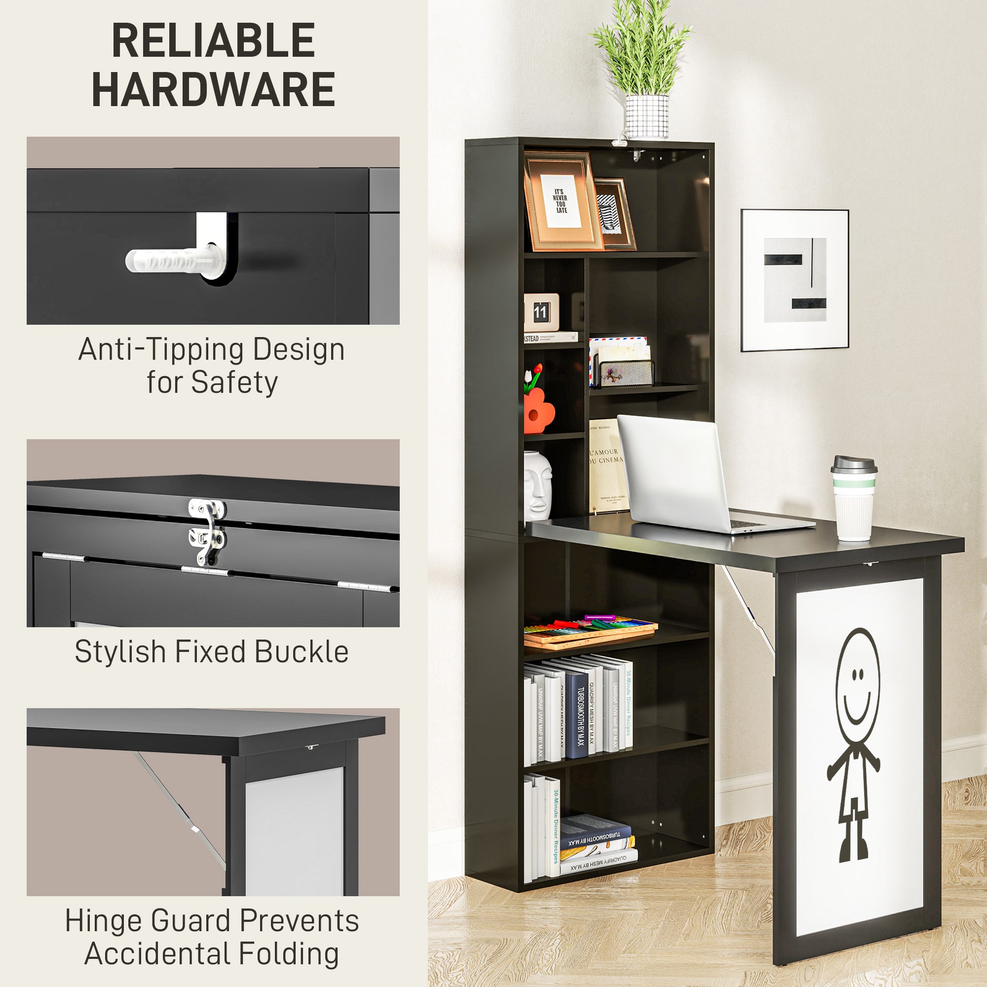 Fold-out Convertible Office Desk, Wall Mount Computer Desk with Whiteboard and Side Shelf, Black