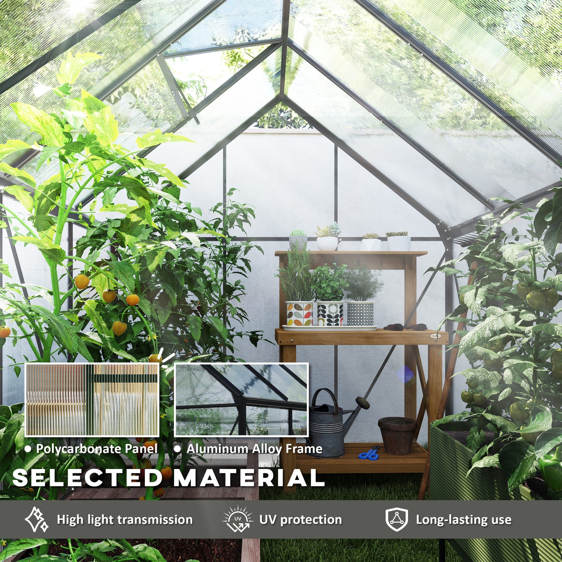 6' x 8' x 6.5' Polycarbonate Greenhouse, Walk-in Green House with Adjustable Roof Vent Galvanized Base Sliding Door Rain