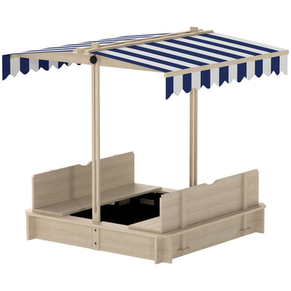 Kids Wooden Sandbox Outdoor Backyard Playset Children Play Station w/ Adjustable Canopy & Convertible Bench Sand for 3-7