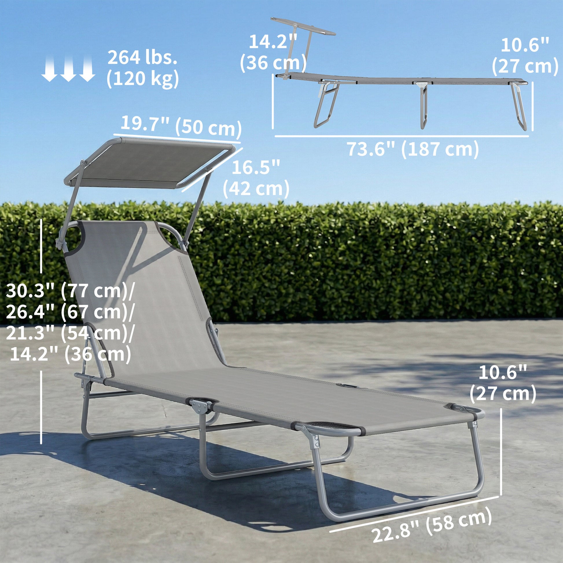 Outdoor Lounge Chair, Adjustable Folding Chaise Lounge, Tanning Chair with Sun Shade for Beach, Camping, Hiking, Backyar
