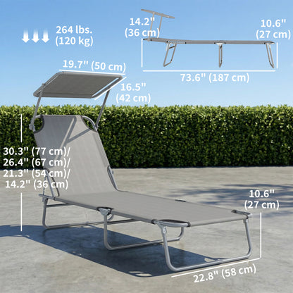 Outdoor Lounge Chair, Adjustable Folding Chaise Lounge, Tanning Chair with Sun Shade for Beach, Camping, Hiking, Backyar