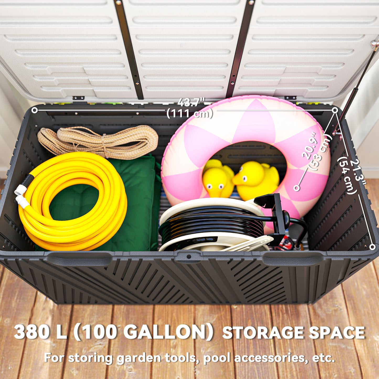 100 Gallon HDPE Outdoor Storage Box, Waterproof and Lockable Deck Box for Garden Tools and Pool Accessories