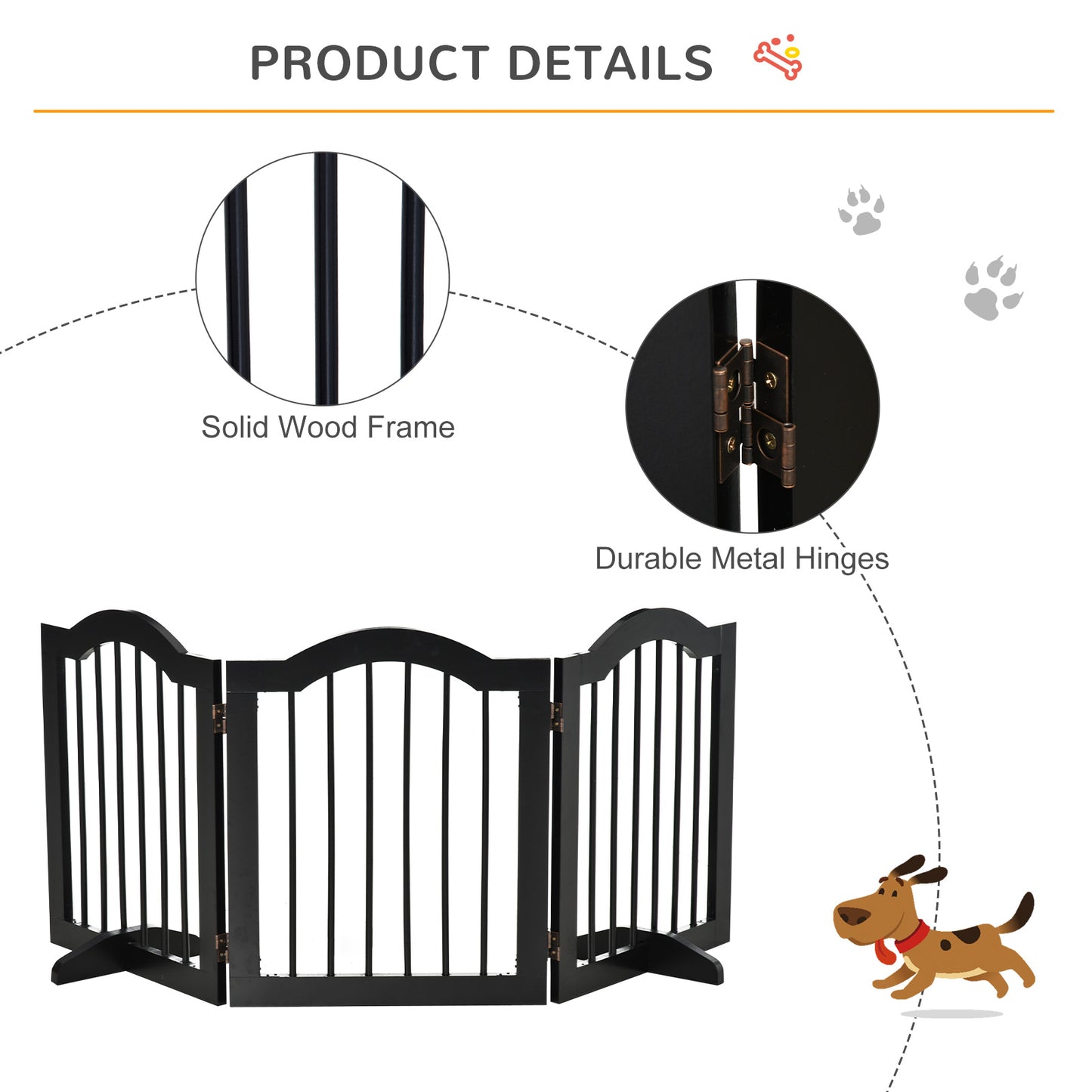 24"H Foldable Dog Gate, 3 Panels Freestanding Pet Gate Barriers Indoor with Support Feet, Puppy Fence for Small Dogs, Bl