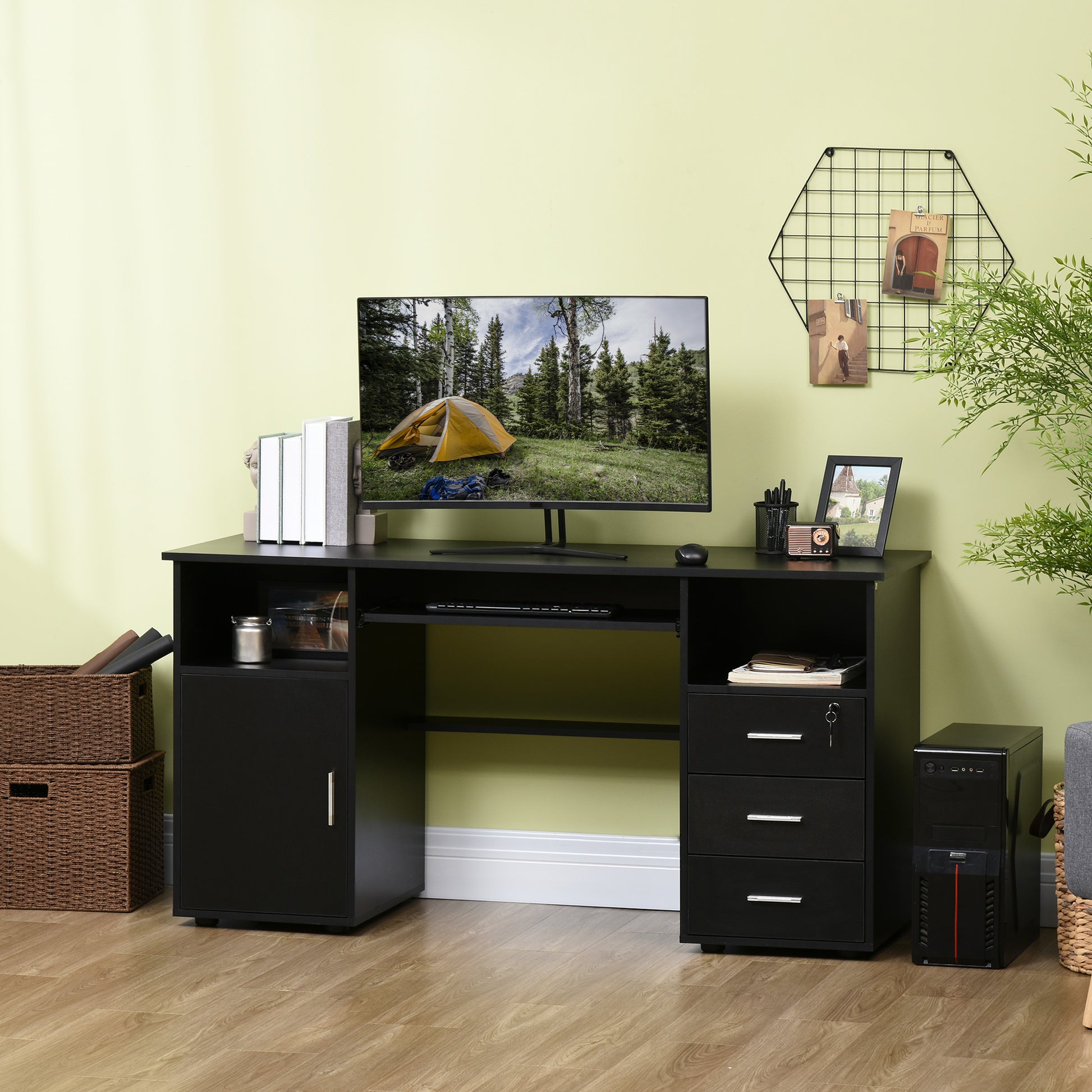 57" Computer Desk with Drawers, Home Office Desk with Keyboard Tray, Open Shelves and Lockable Drawer, Writing Workstati