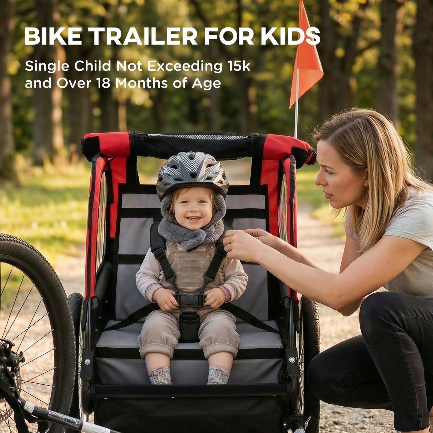 Qaba Bike Trailer for Kids, Baby Bicycle Trailer with 5-Point Harness, 16" Rubber Wheels, Storage Bag, for 18+ Months, R